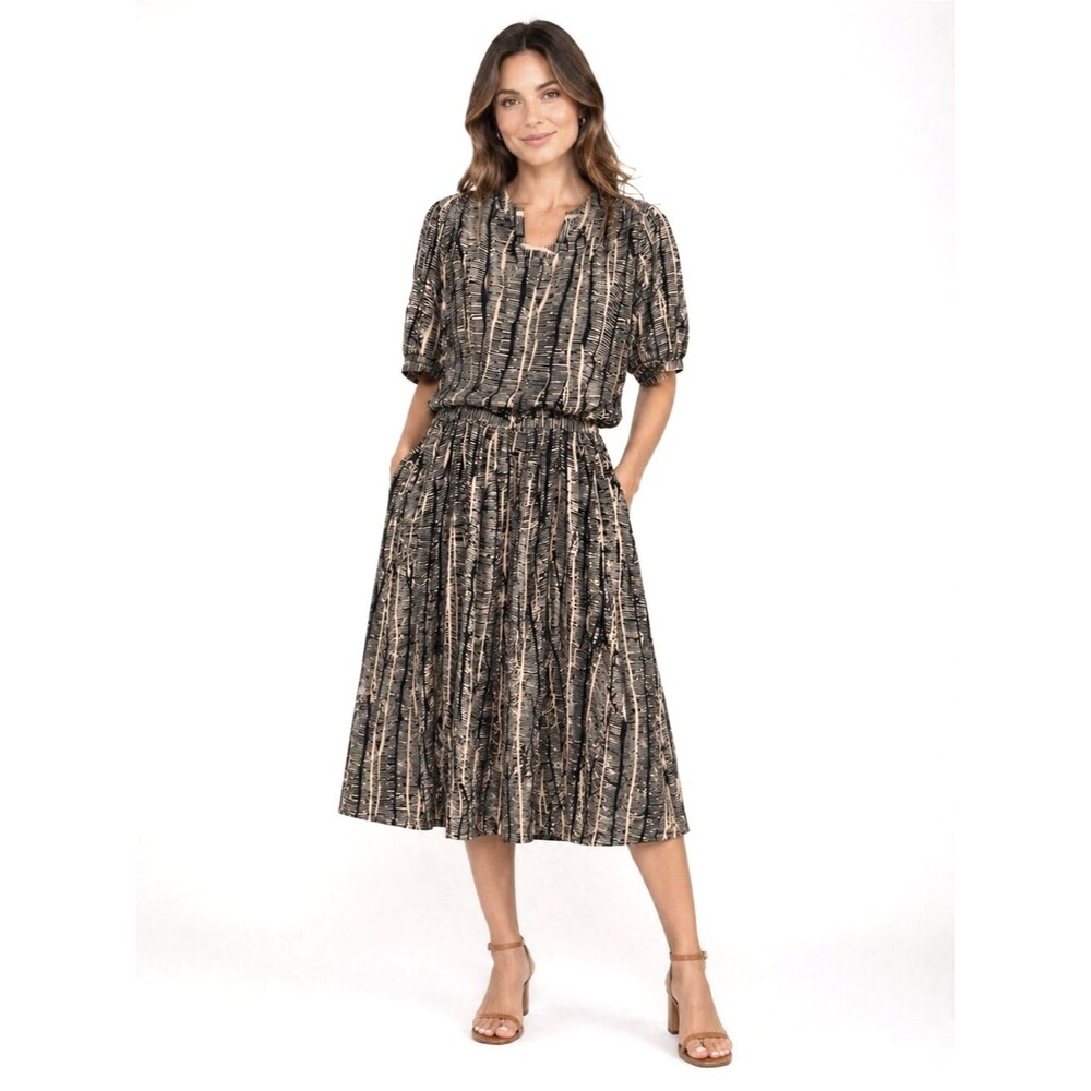 Nine West Boho Cotton Set sz L Belted Midi Skirt Puff Sleeve Top Neutral Resort